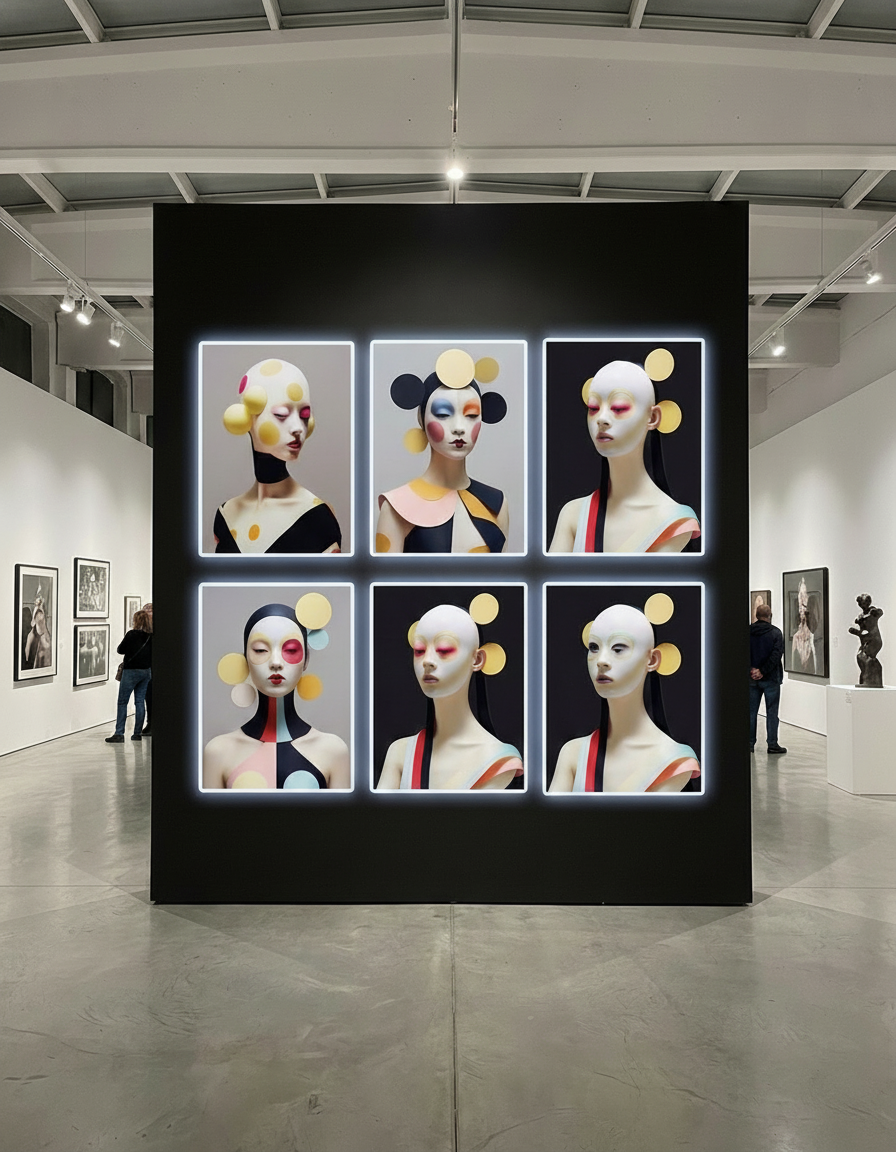 Grid layout of images displayed on a wall in a spatial gallery