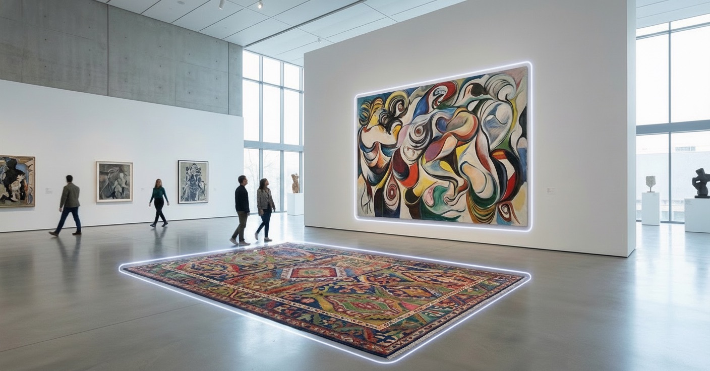 Painting displayed on wall above a decorative rug in a modern living space