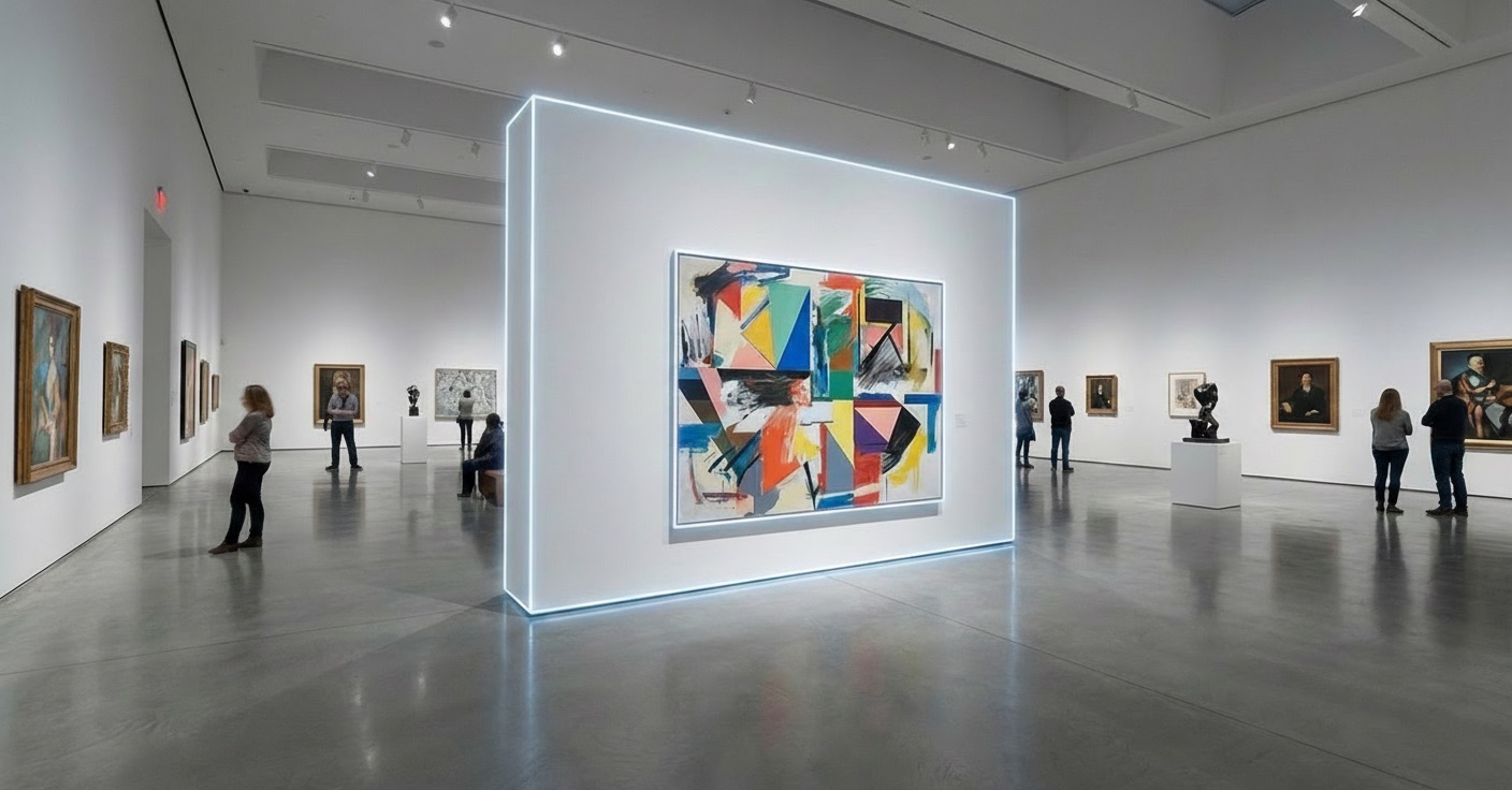 Standing virtual wall displaying artwork in a gallery space