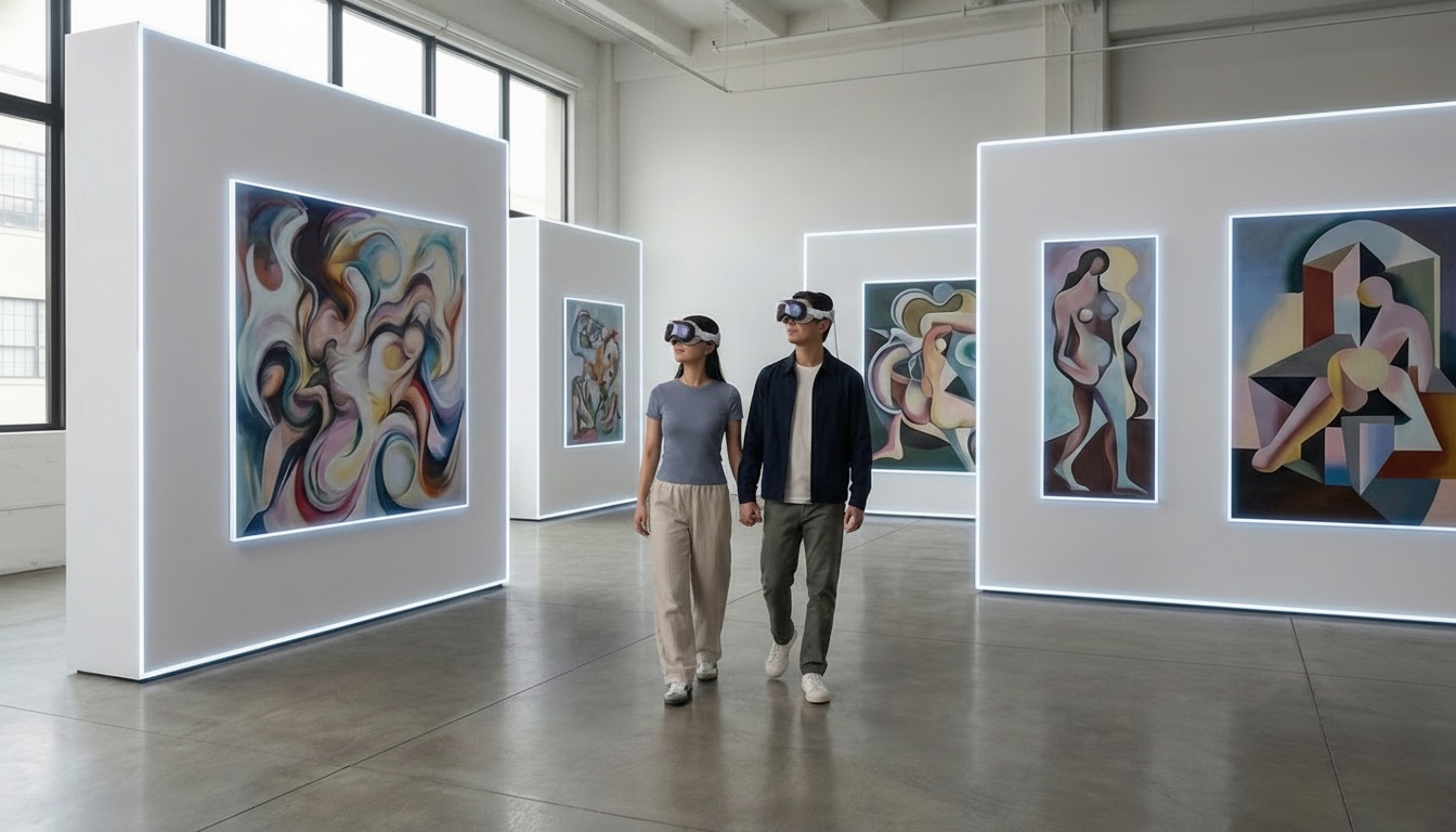 A professional virtual exhibition space with custom walls and carefully curated artwork