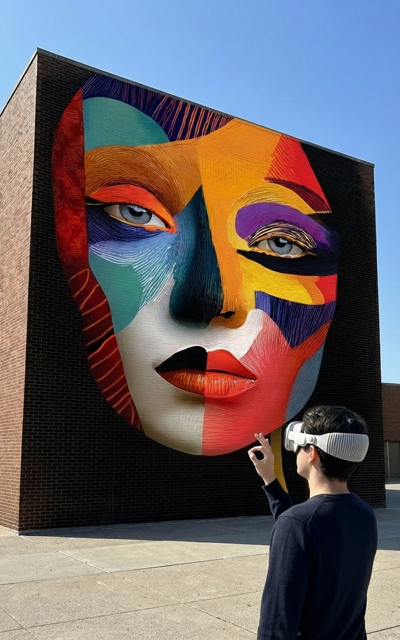 A large building exterior with a massive digital mural spanning the entire side of the structure